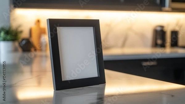 Fototapeta A sleek black metal picture frame with a matte finish, standing on a marble kitchen countertop, illuminated by warm under-cabinet LED lights. The shot is taken from a slightly high angle.