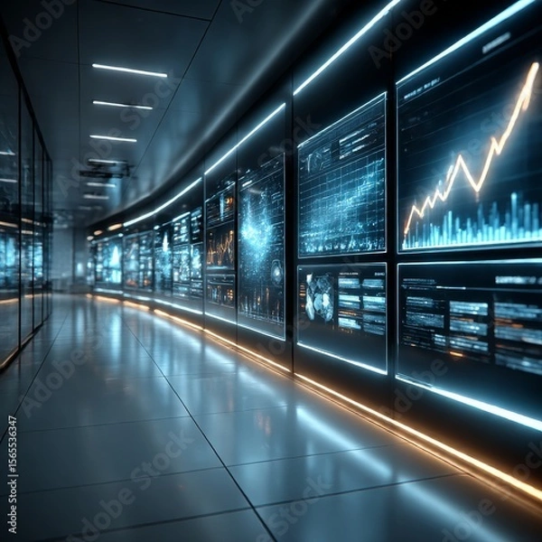 Fototapeta A sleek, futuristic office with glowing digital dashboards displaying rising charts and automated workflows, minimalist design, soft ambient lighting, no people, photorealistic, cinematic, high detail