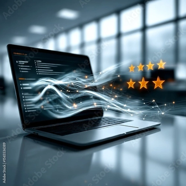 Fototapeta A sleek laptop sits on an office desk, with digital waves emanating from the screen full of customer reviews and ratings and futuristic energy particles floating in front of it, symbolizing innovation