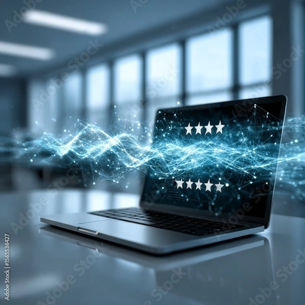 Fototapeta A sleek laptop sits on an office desk, with digital waves emanating from the screen full of customer reviews and ratings and futuristic energy particles floating in front of it, symbolizing innovation