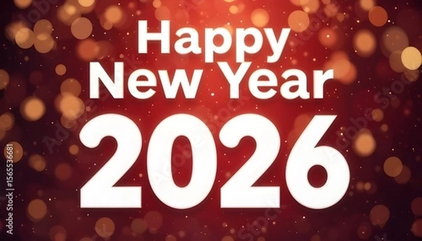 Fototapeta Happy New Year 2026 in bold white letters over deep red background with golden lights and bokeh effect, warm and energetic