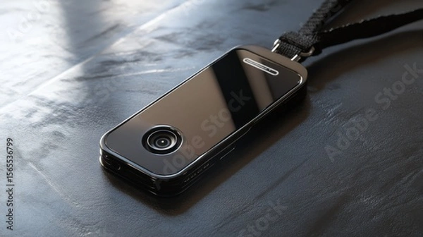 Fototapeta A sleek, modern - designed smart name tag in a realistic rendering style. It has a built - in, visible camera lens on the front, crafted with high - tech materials like polished metal and durable plas
