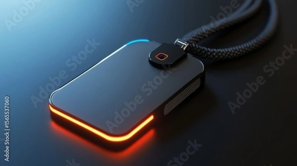 Fototapeta A sleek, modern - designed smart name tag in a realistic rendering style. It has a built - in, visible camera lens on the front, crafted with high - tech materials like polished metal and durable plas
