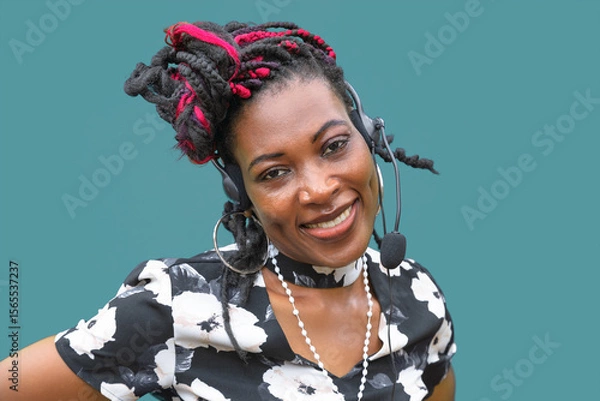 Fototapeta woman working at customer service telephone operator smiling help support center