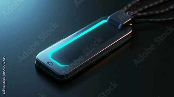 Fototapeta A sleek, modern - designed smart name tag in a realistic rendering style. It has a built - in, visible camera lens on the front, crafted with high - tech materials like polished metal and durable plas