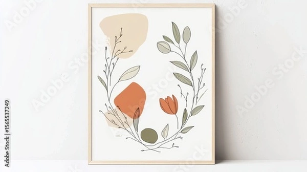 Fototapeta A sleek, vertical Easter poster featuring a delicate wreath made of simple outlined spring flowers and leaves, such as tulips and eucalyptus. The wreath is complemented by abstract pastel shapes in te
