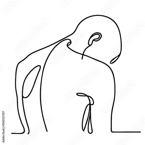 Fototapeta Exhaustion: handsome man in graceful theatrical pose of despair — minimalist single-line black drawing. One line art.