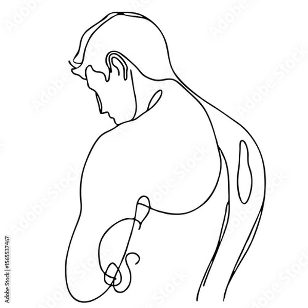 Fototapeta Exhaustion: handsome man in graceful theatrical pose of despair — minimalist single-line black drawing. One line art.