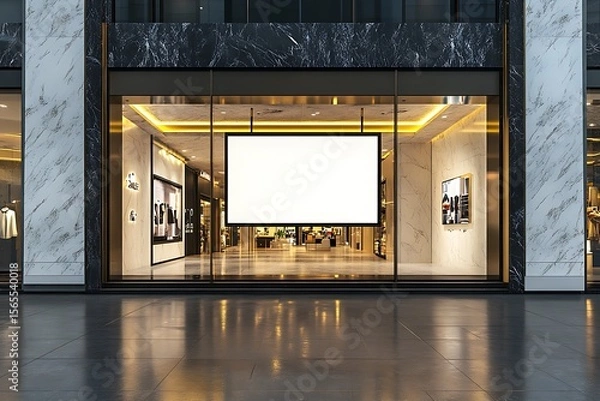 Fototapeta Blank signage in a shopping center window showcases a modern retail space with marble accents for branding