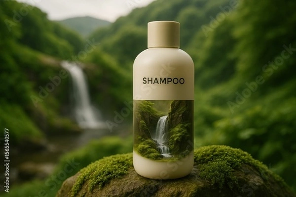 Fototapeta bottle of shampoo with picture of waterfall on it, sitting on rock in woods.