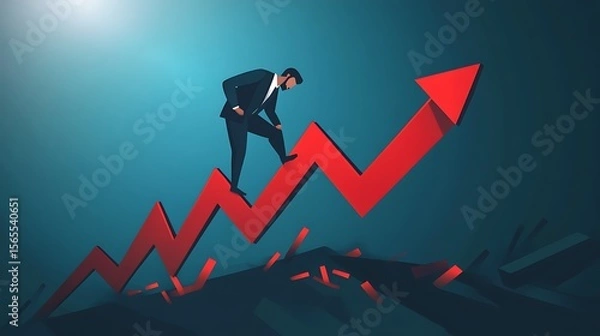 Fototapeta Businessperson walking up a red arrow demonstrating success growth achievement on photo.