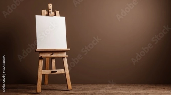 Fototapeta Wooden easel holding a blank signboard against a brown backdrop