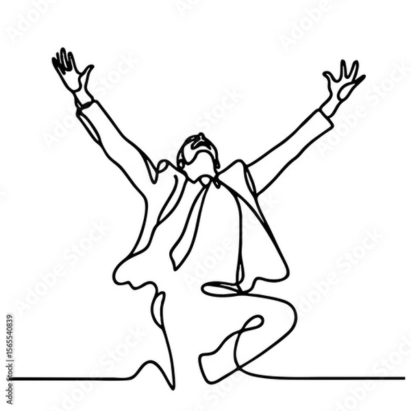 Fototapeta Jubilant Elation: handsome man in graceful theatrical pose expressing boundless joy — minimalist single-line black drawing. One line art.