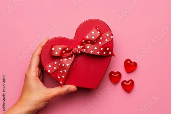 Fototapeta hand holding red heart-shaped box of chocolates with bow on top, surrounded by three smaller hearts.