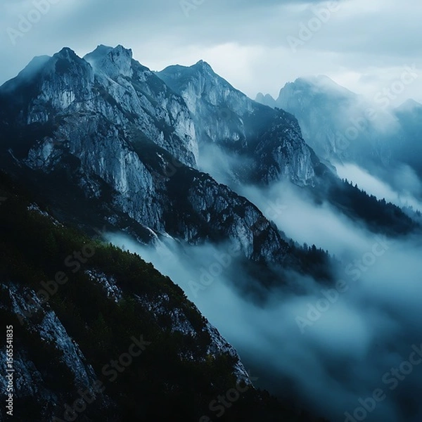 Fototapeta Silent twilight over frozen mountain ridges and cloudy sky high resolution picture