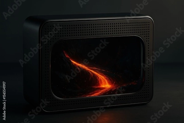Fototapeta black speaker with red flame design on screen.