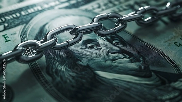 Fototapeta Concept photo of a chain draped across a us hundred dollar bill illustrating financial constraints