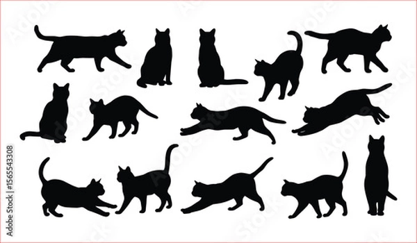 Fototapeta A set of black silhouette cat figures in various poses.