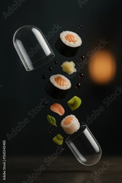 Fototapeta Sushi pieces falling from glass vials onto dark surface, creating artistic arrangement of fish, rice, and vegetable ingredients.