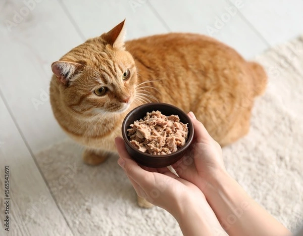 Fototapeta high-angle photo of hand offering tuna in a bowl to a plump smiling cat, visible cozy floor texture, soft natural light, homey atmosphere