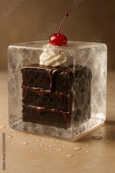 Fototapeta slice of chocolate cake in clear cube container, topped with whipped cream and cherry.