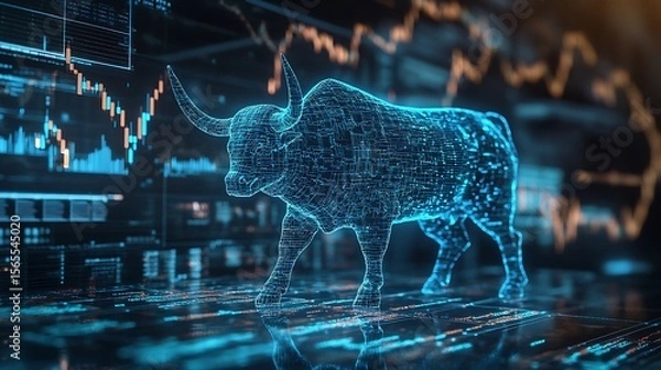 Fototapeta Digital blue wireframe bull representing stock market growth financial investment profit photo