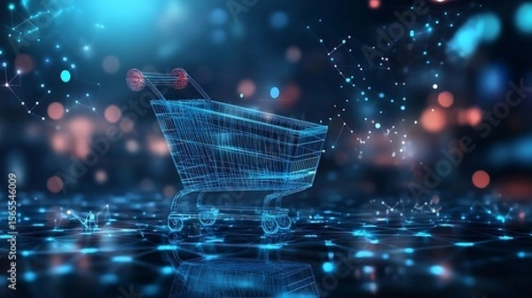 Fototapeta Digital shopping cart concept illustrating online commerce and data network connectivity