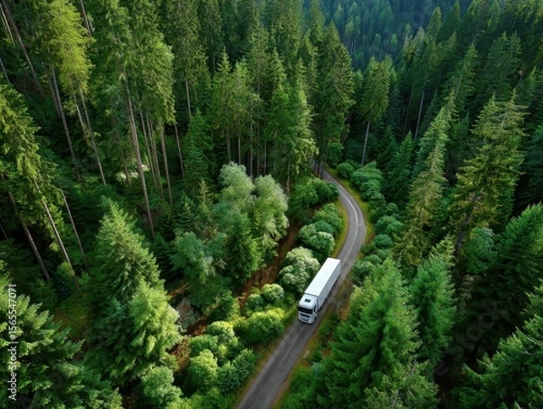 Fototapeta Vibrant forest journey with a sleek white truck on winding paved road.