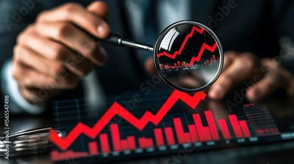 Fototapeta Examining financial growth using a magnifying glass overlaying a rising red photo
