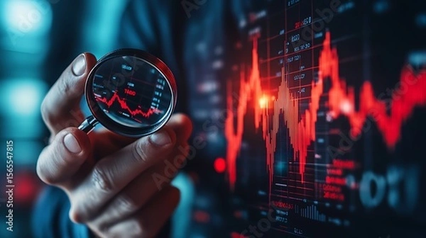 Fototapeta Financial analysis illustration featuring downward trending stock market data and magnifying glass photo