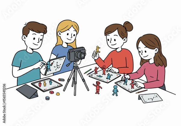 Fototapeta Young people collaboratively creating stop motion animation using figures, tablets, and a camera on a tripod, illustrating creativity and learning.