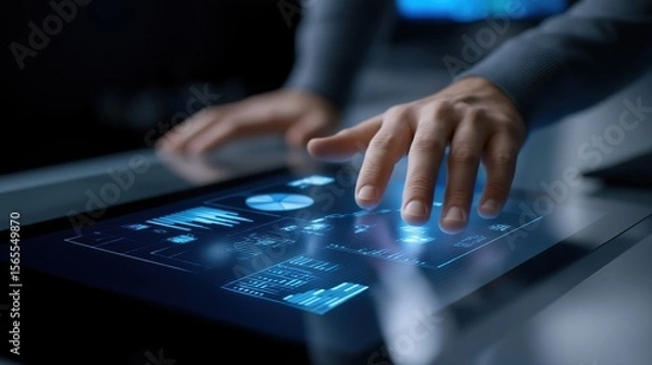 Obraz Close-Up of Hands Using Futuristic Transparent Touchscreen Interface with Floating Data and Holograms.