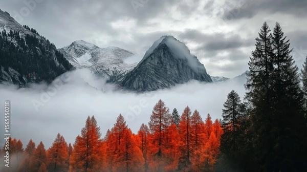 Obraz Majestic snow-covered mountains with vivid orange autumn trees under foggy clouds and dark grey sky—epic nature scene evoking grandeur, adventure, and exploration.
