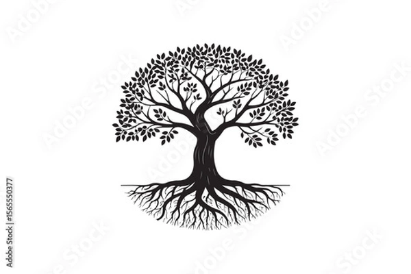 Fototapeta Elegant Black and White Tree Illustration with Detailed Roots and Branches