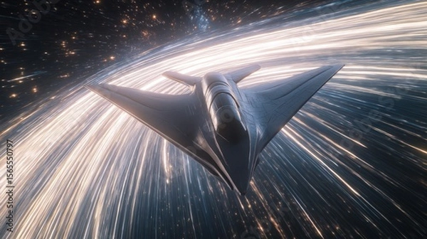 Obraz Stealth Space Fighter Entering Faster-Than-Light Travel with Circular Energy Wake and Curved Trails Stretching into the Cosmos.