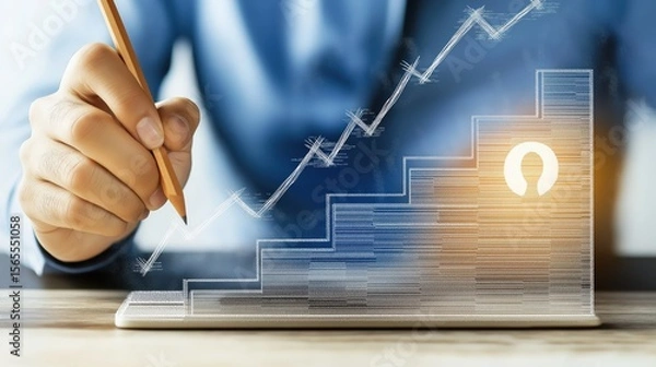 Obraz A businessman marks checkpoints on virtual staircase steps leading to a red flag—symbolizing progress, planning, and ultimate business success.