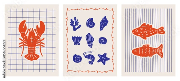 Fototapeta Set of abstract whimsical posters with fish, lobster and sea shells. Trendy beach prints in blue and red colors. La dolce vita coastal design. Vector graphic