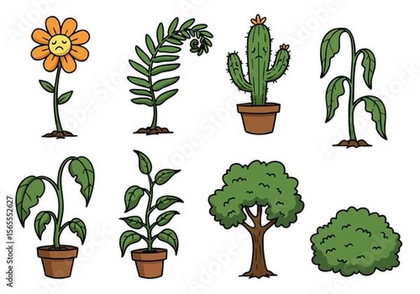 Fototapeta Cartoon illustration set of various plants including a sad flower, cactus, fern, wilted plants, and a healthy tree and bush.