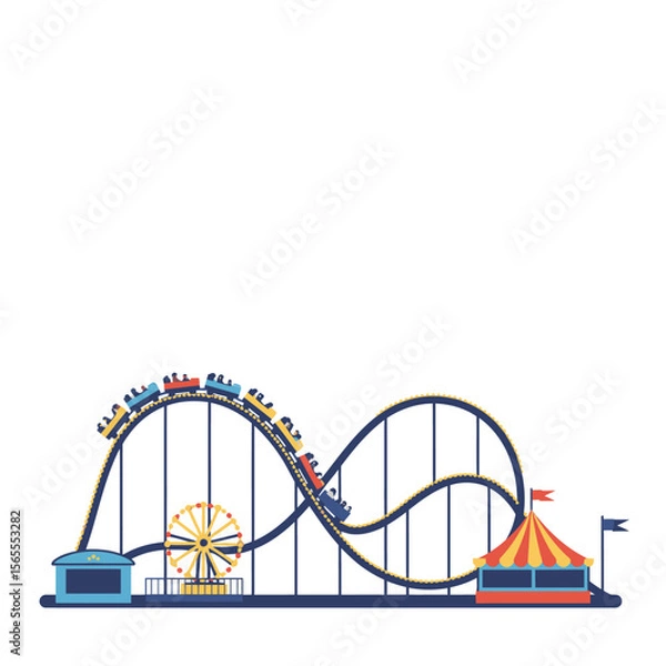 Fototapeta Amusement park scene rollercoaster ferris wheel booth and tent set against a white backdrop