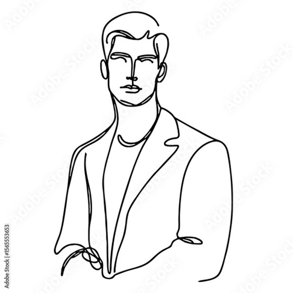Fototapeta Anticipation — handsome man in elegant theatrical pose: minimalist single-line black drawing. One line art.