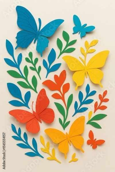 Obraz Colorful Paper Cutout Art Featuring Butterflies and Foliage Against a Cream Background Bringing Springtime Joy