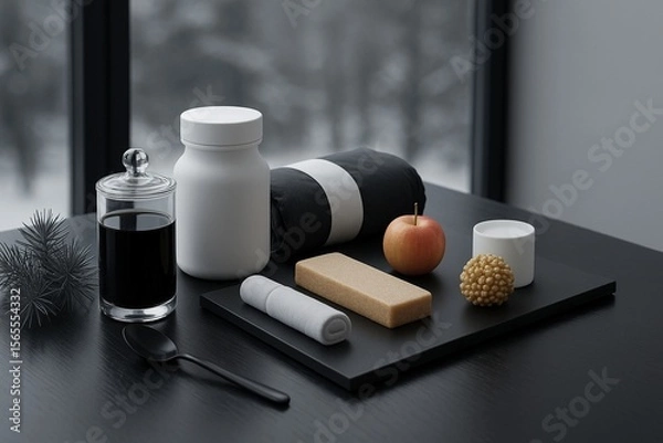 Obraz Monochrome Wellness Still Life featuring Apple, Bar, and Candle on a Tray Near Black and White Pillow