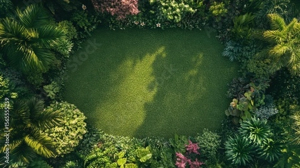 Fototapeta A picturesque landscape of a garden before and after mowing in a cozy setting