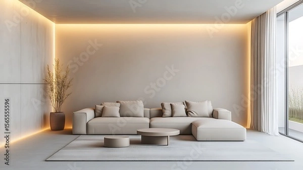 Fototapeta Modern interior with a beige sofa, coffee tables, decorative plant, and minimal design photo