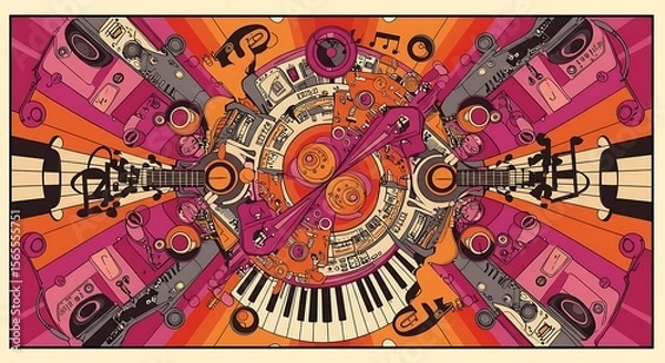 Fototapeta Psychedelic Music Illustration A Vibrant Tapestry of Instruments and Notes
