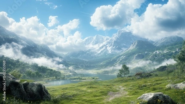 Fototapeta A picturesque mountain landscape with clouds hovering above, creating depth with glowing accents