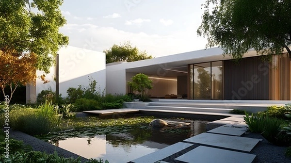 Fototapeta Modern minimalist house with beautiful landscape design featuring a serene pond and lush greenery photo