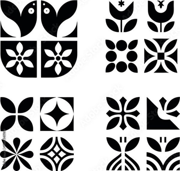 Fototapeta Black and white floral elements with butterflies in decorative vector set design