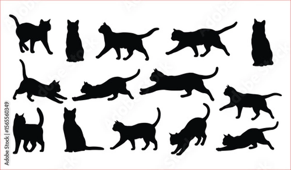 Fototapeta A collection of black silhouette images of cats in diverse poses, suitable for use in various design projects. Silhouettes of Cats in Various Poses.