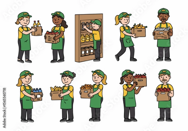 Fototapeta Diverse group of grocery store workers in uniform stocking shelves and carrying boxes of fresh produce and various items.